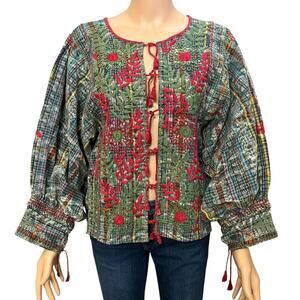 Boho Floral Embroidered Jacket XL Tied Front Balloon Sleeve Woven Colorful